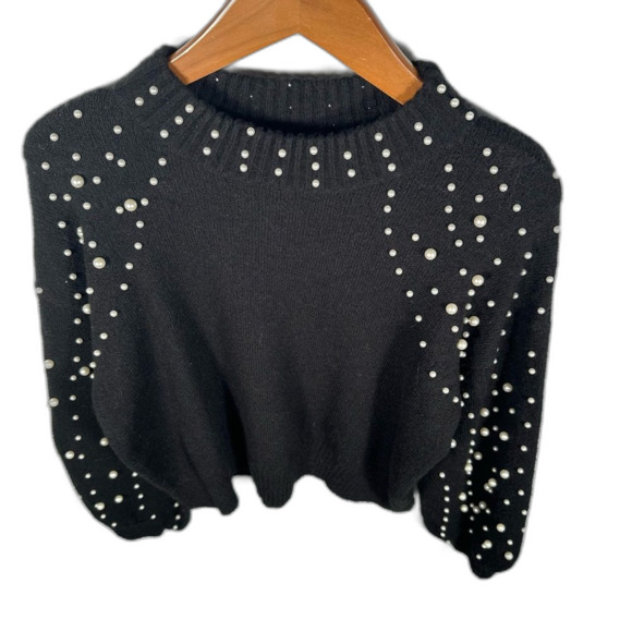 Sincerely Jules Pearl Studded Balloon Sleeve Black Pullover Sweater Size Medium - Picture 11 of 13